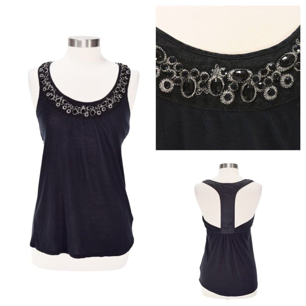 TED BAKER Black Embellished Racerback Tank Top Silk Blend